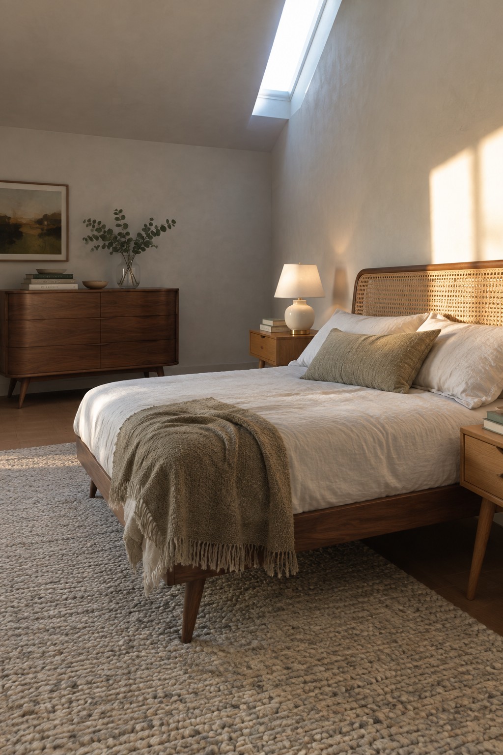 Wooden bed with rattan headboard, white linens, beige throw on textured rug in sunlit room