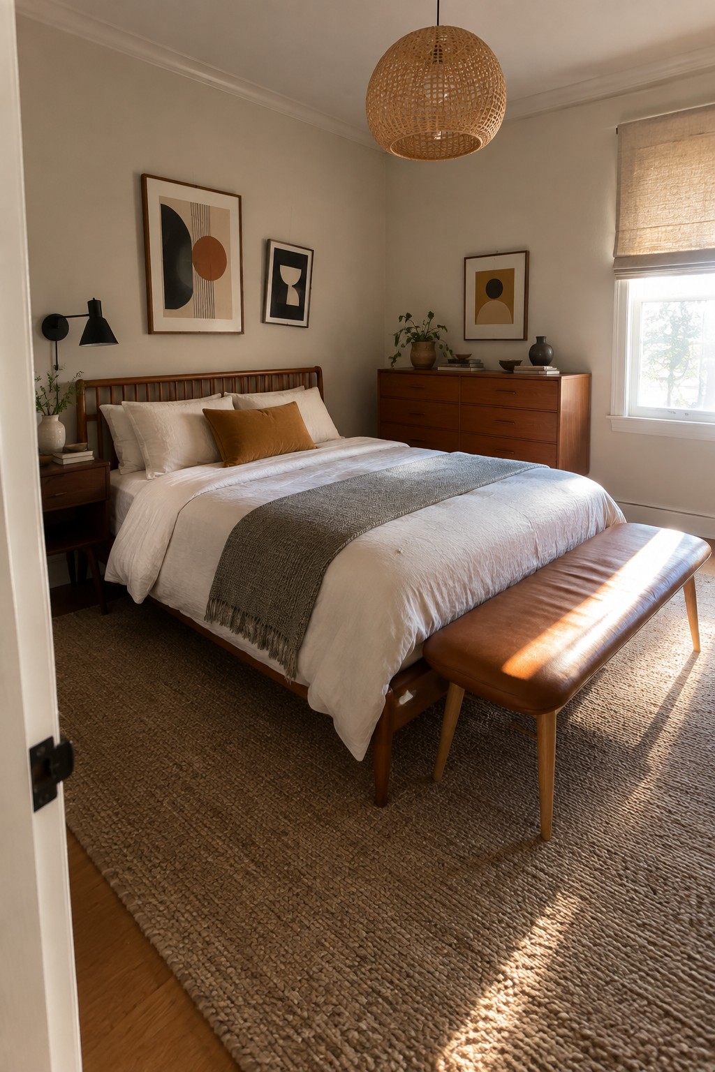 A mid-century style bedroom with a wooden bed frame on tapered legs, a brown leather bench with tapered wood legs, white bedding, a gray throw, and a woven pendant light overhead.