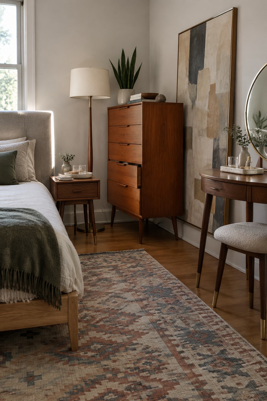A bedroom with a wooden bed, nightstand, tall dresser with tapered legs, vanity table, round mirror, and large patterned rug on hardwood floors.