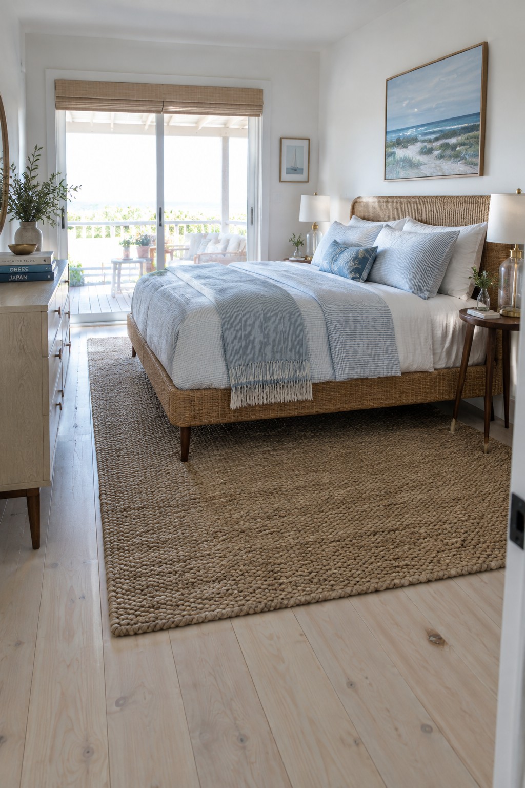 A bedroom with a woven headboard bed on tapered wood legs, a light wood dresser with drawers, and a large jute rug over hardwood floors.