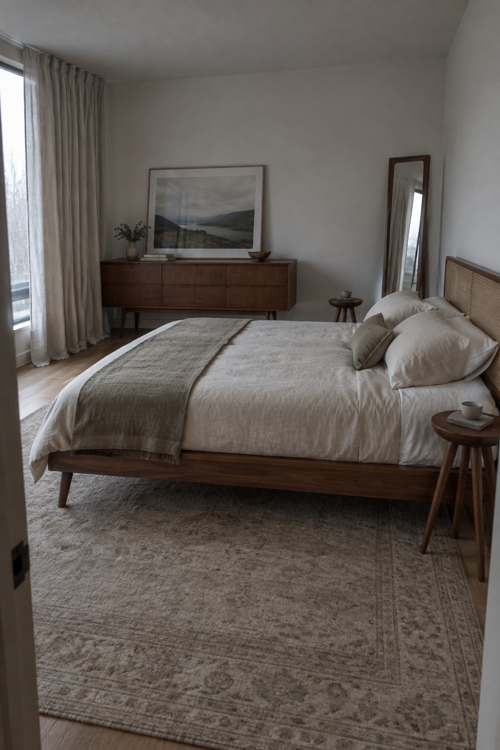 A bedroom featuring a wooden platform bed with tapered legs, a matching low dresser against the wall, and neutral bedding on a large patterned rug.