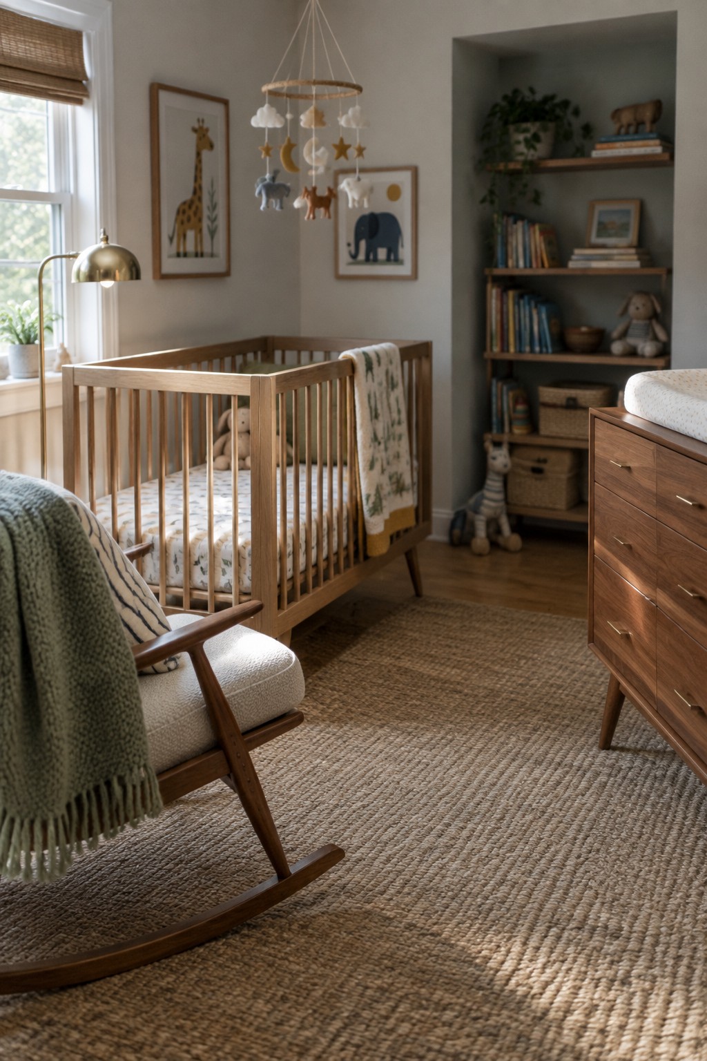 A nursery interior with a wooden crib on tapered legs, a wooden rocking chair, and a wooden dresser on a woven rug.