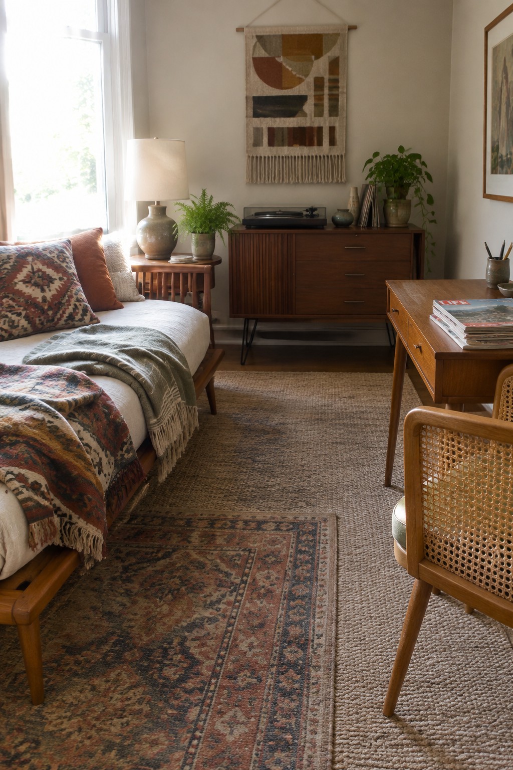 A bedroom with a low wooden bed, desk, and chair all featuring tapered wood legs, plus a wooden credenza and woven rugs on the floor.
