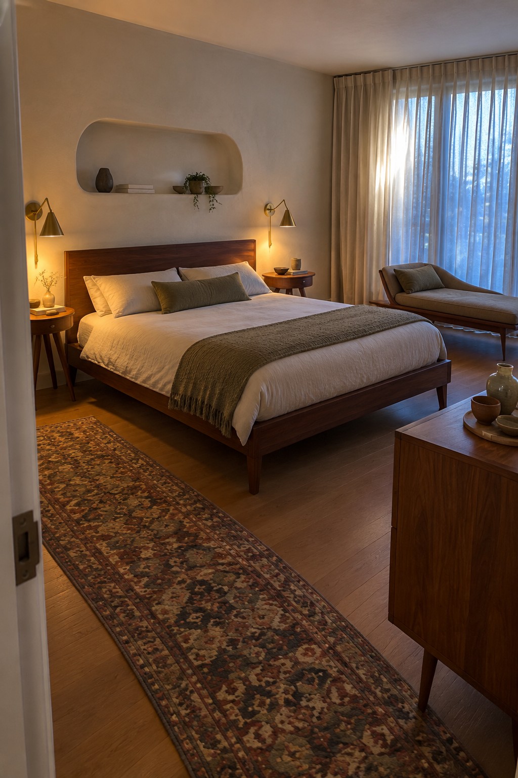 A bedroom with a dark wood bed frame on tapered legs, white bedding, a long patterned runner rug, a wooden dresser on the right, and a chaise lounge near a window with sheer curtains.
