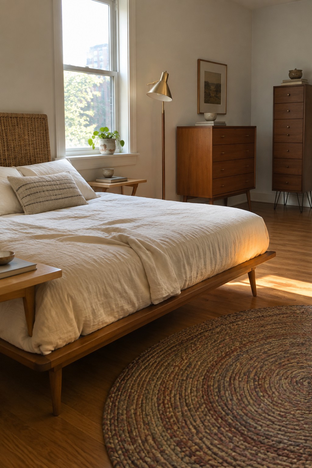 A bedroom with a low wooden bed on tapered legs, white bedding, wooden dressers, a floor lamp, and a round woven rug on hardwood floors.