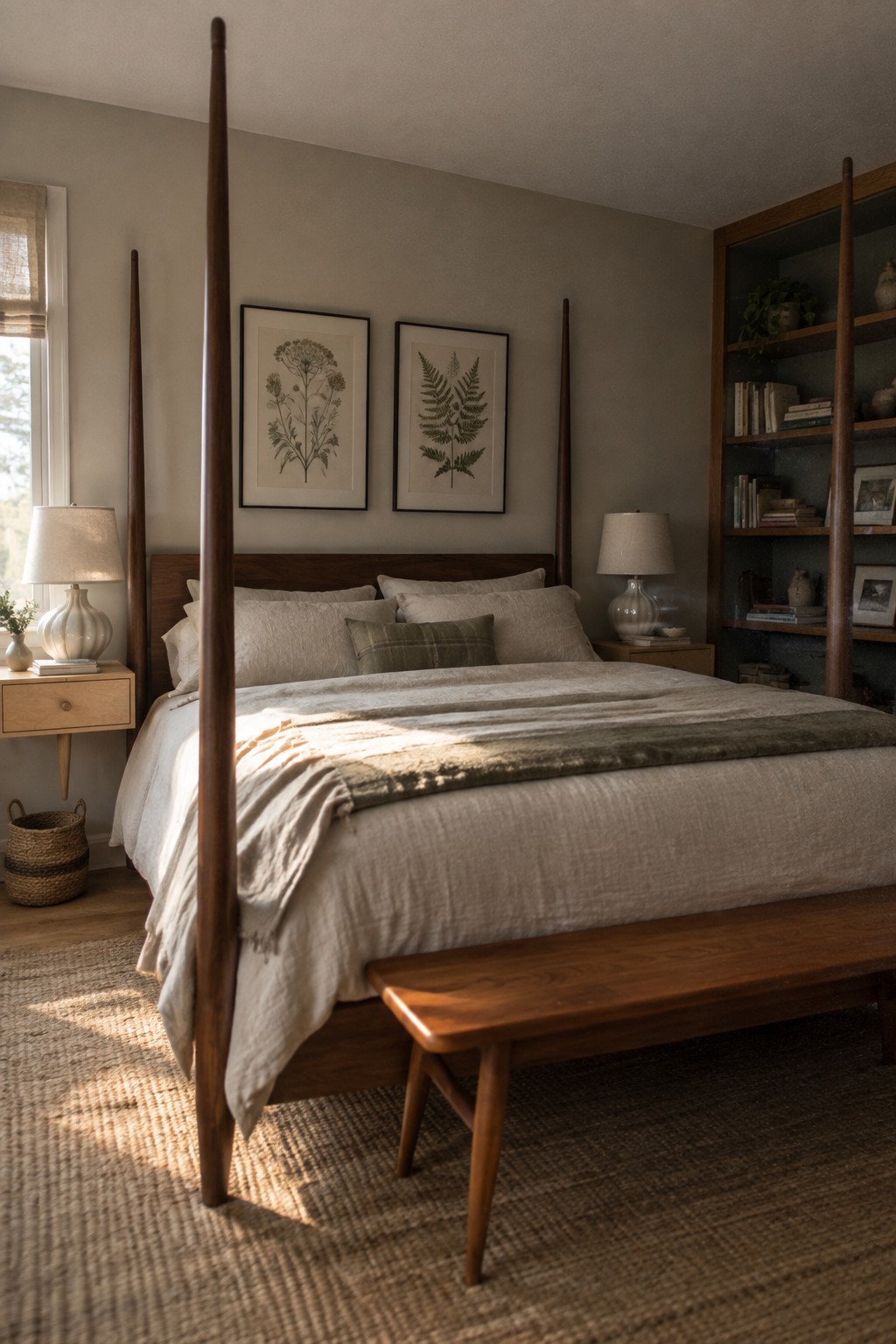 A bedroom featuring a four-poster bed with tall tapered wooden posts, a matching wooden bench at the foot, neutral bedding, and botanical wall prints.