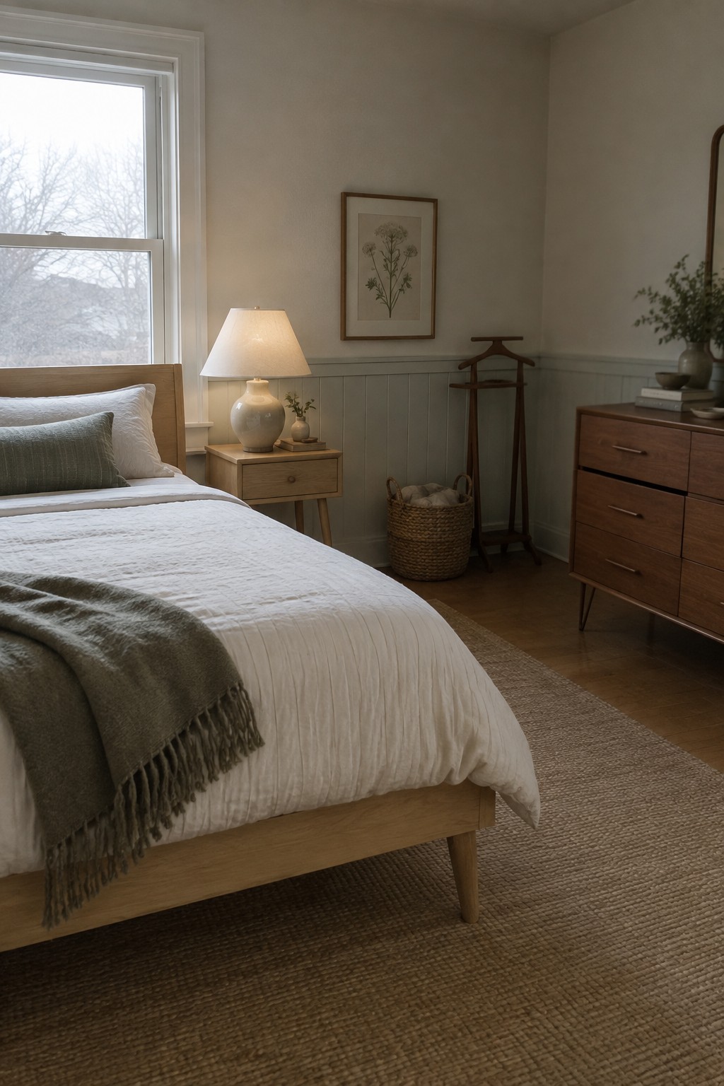 Minimalist bedroom with light wood bed, white linens, green throw, and neutral decor.