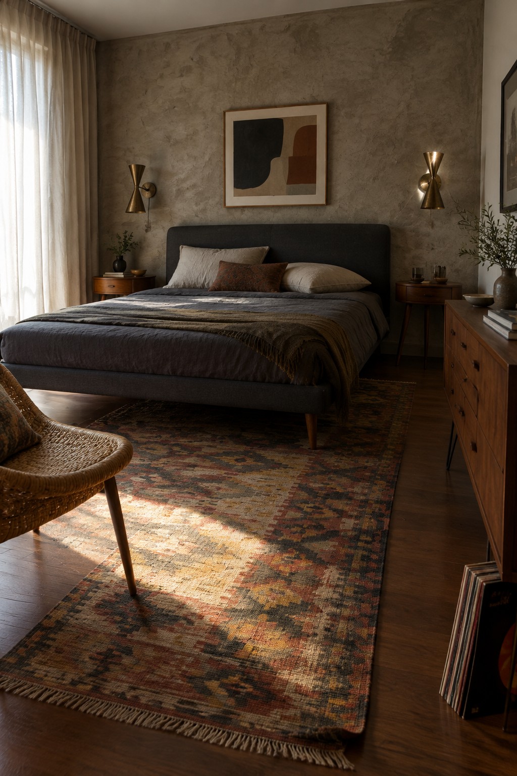 A modern bedroom featuring a bed with tapered wooden legs, two matching nightstands, a wooden dresser, a woven chair, and a large patterned rug on dark wood flooring.