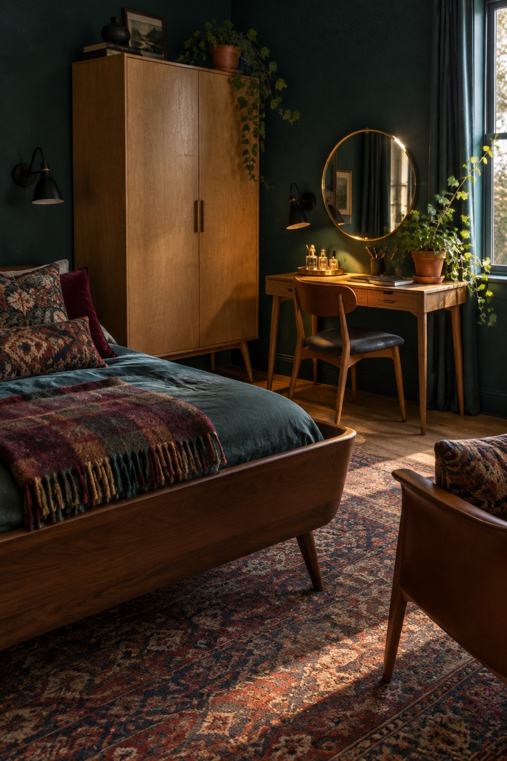 Cozy dark green bedroom with wooden bed, plaid throw, round mirror vanity, and patterned rug.