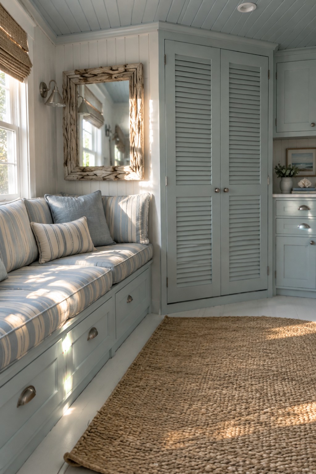 A light blue built-in window bench with striped cushions and three storage drawers sits beneath a rustic driftwood mirror, next to tall gray louvered cabinets in a sunlit room with a woven rug on the floor.