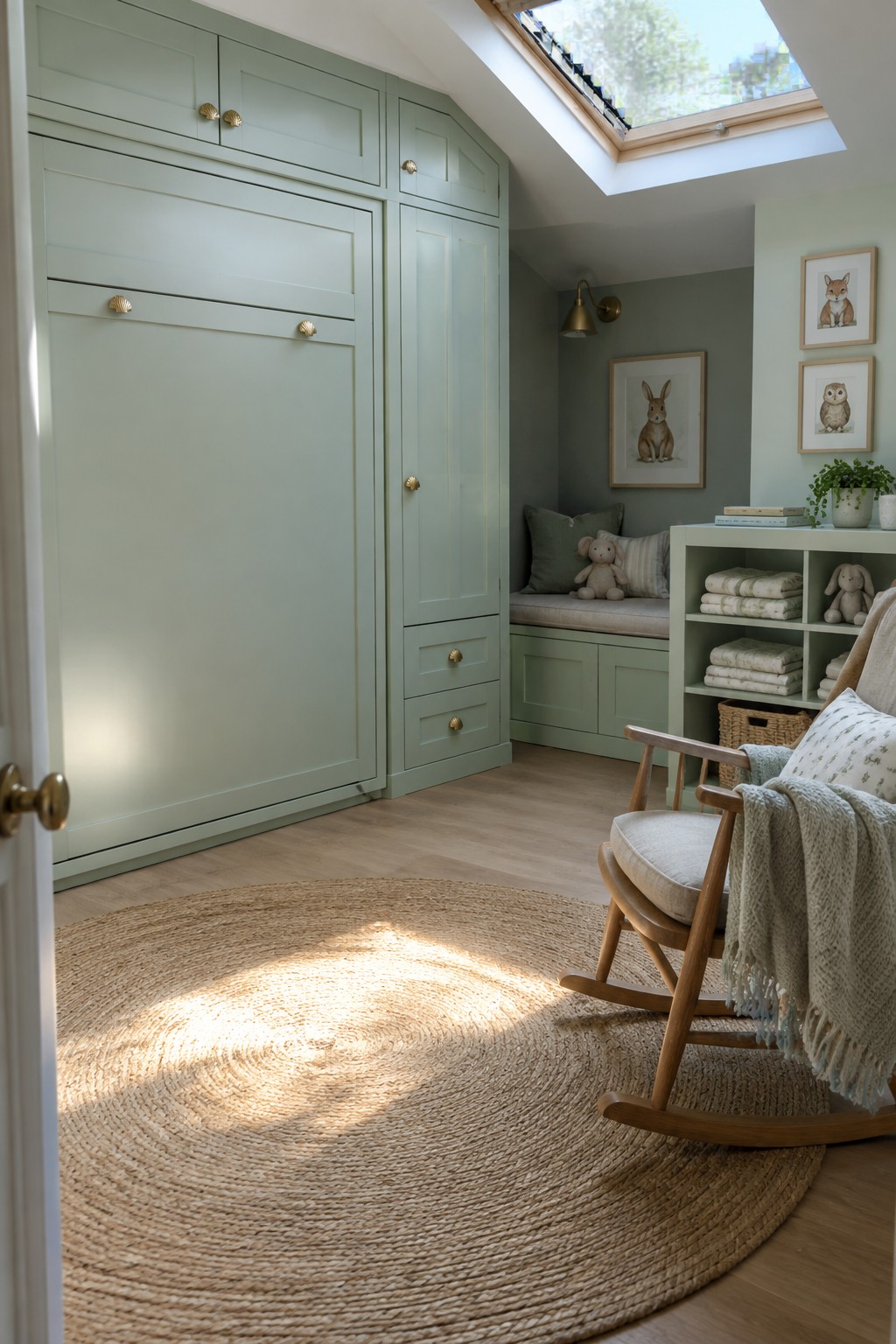 A bedroom with floor-to-ceiling sage green built-in cabinets, a wooden rocking chair on a round jute rug, and a window seat with pillows beneath framed wall art.