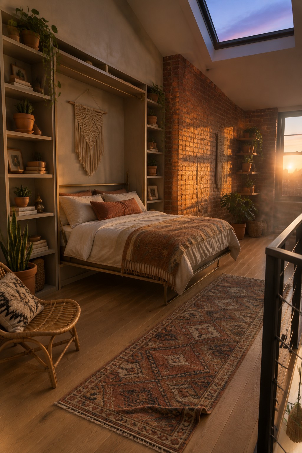 A bedroom featuring a lowered Murphy bed set within built-in shelving units filled with books and plants, positioned against a brick wall.