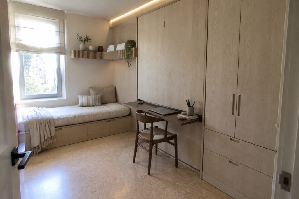 17 Murphy Bed Ideas for Bedrooms With Flexible Floor Space Light wood built-in cabinetry with a desk, chair, and closed doors along one wall of a bedroom, next to a daybed under a window.