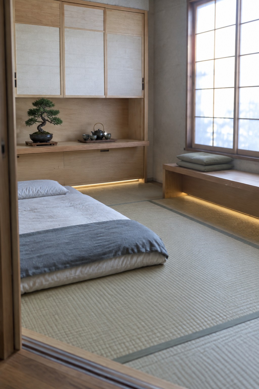 A low bed on tatami mats in a Japanese-style room with built-in wooden cabinetry above and a window bench with cushions.