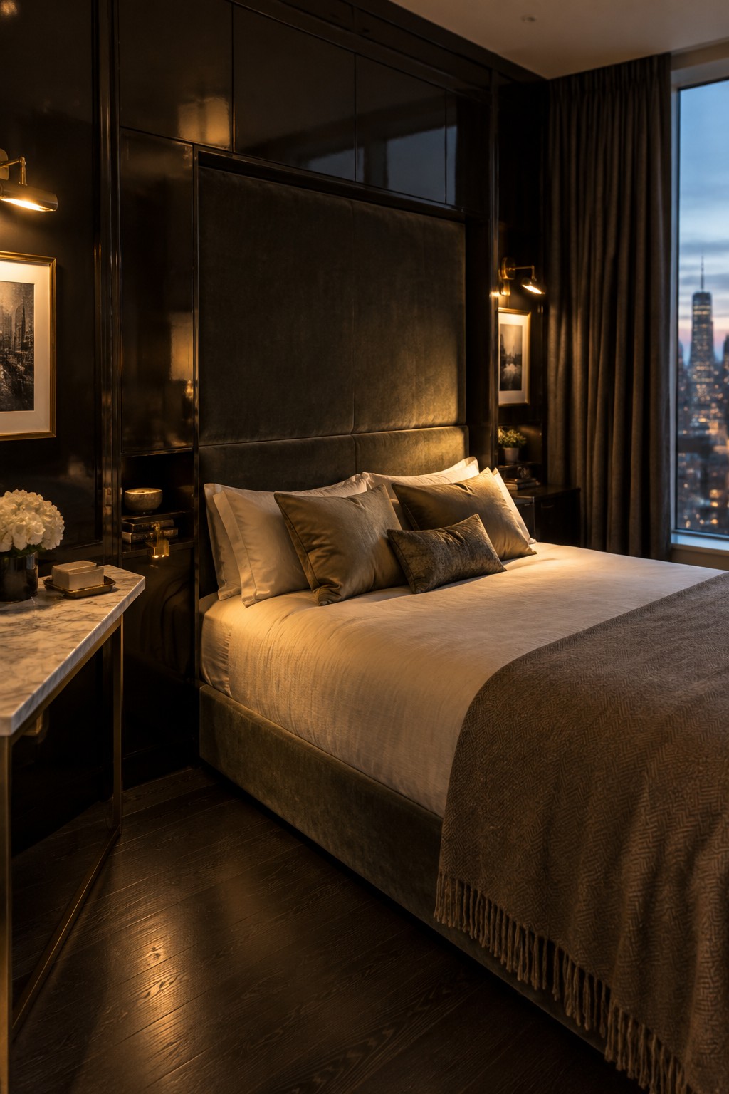 A bedroom featuring a large bed with neutral bedding set into a recessed dark paneled wall with built-in side niches, a marble side table, and a window overlooking a city skyline.