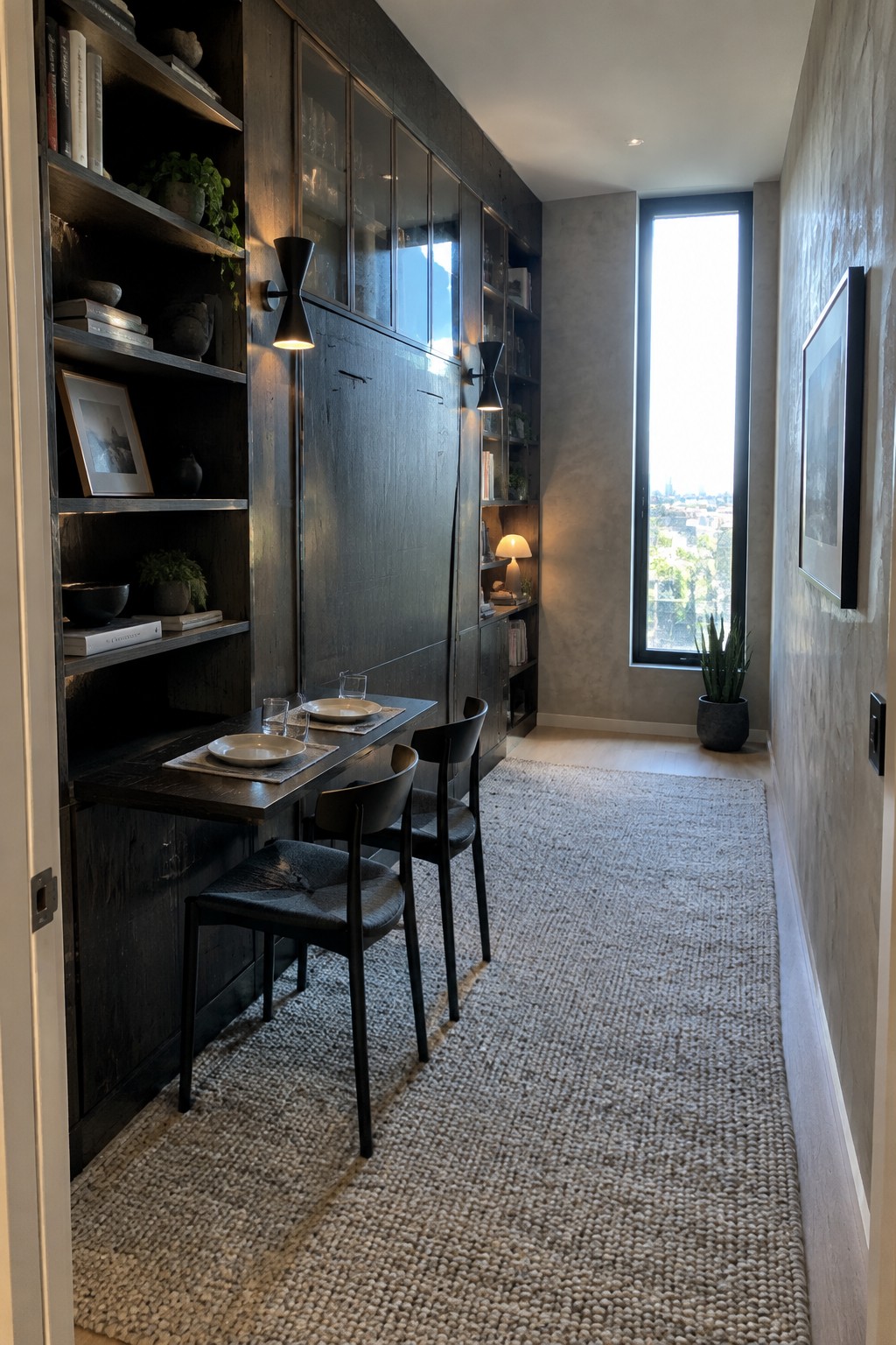 A narrow interior room with a long dark built-in cabinet unit that includes open shelves, a desk with two black chairs, and a large central cabinet section, next to a tall window.