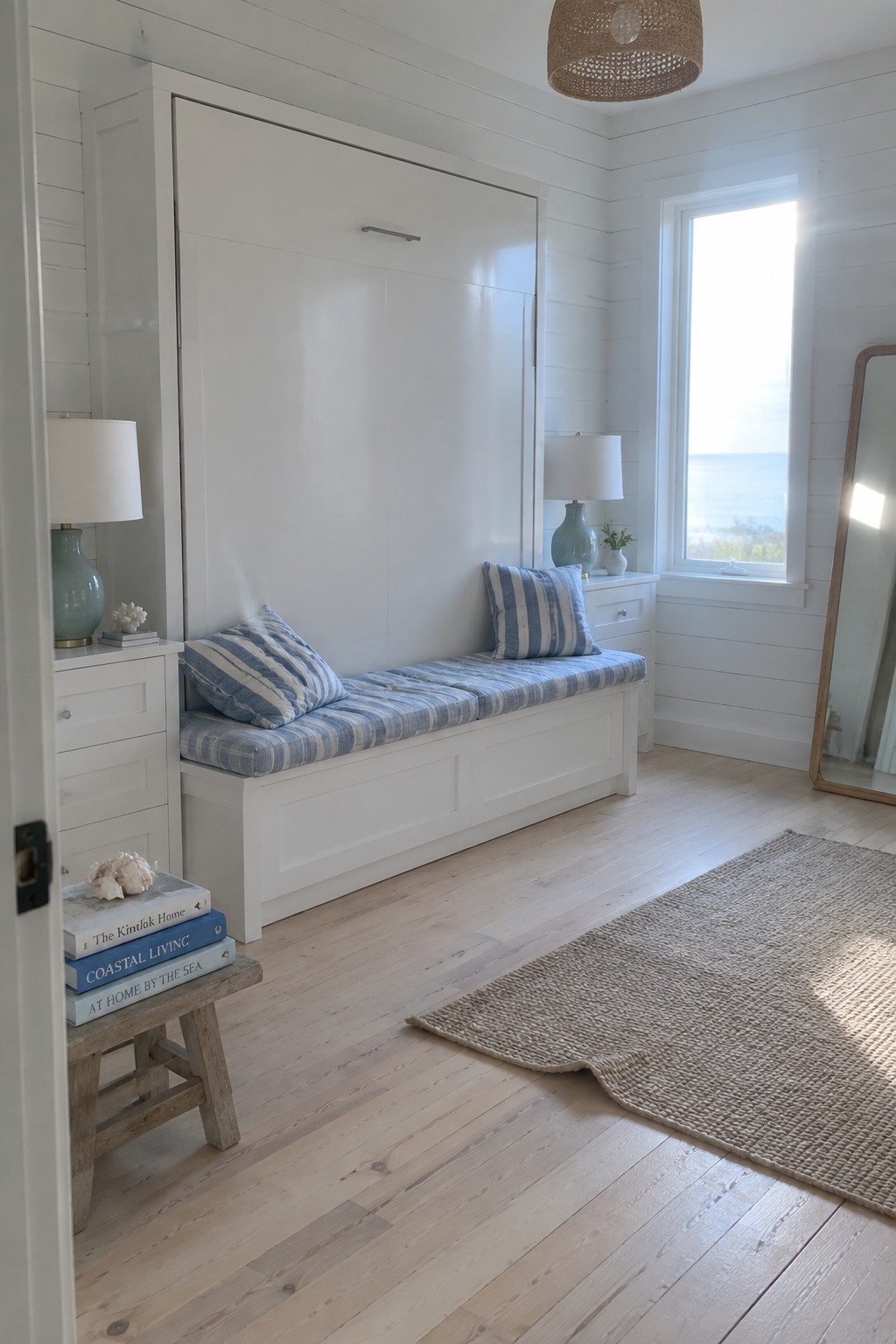 A white Murphy bed folded vertically into a wall unit with a blue and white striped bench cushion in front, white side cabinets with lamps, and light wood flooring in a bright room.