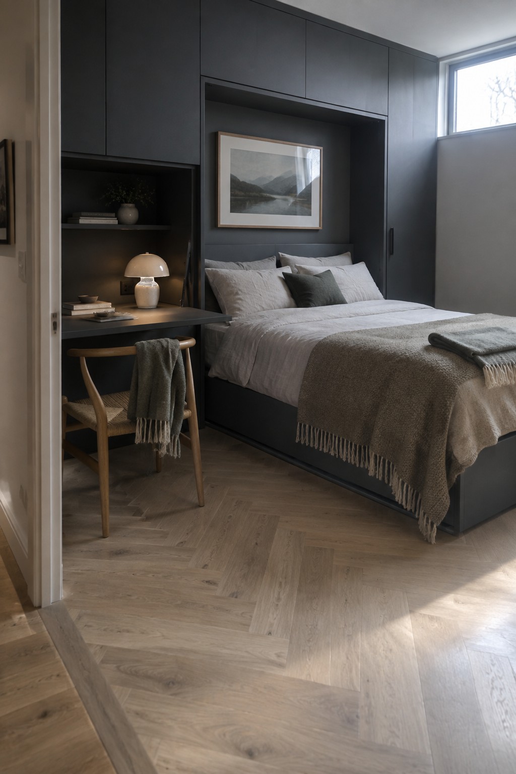 A modern bedroom with a Murphy bed lowered beside a built-in desk and wooden chair, all set against dark wall cabinetry with a landscape print above the bed.