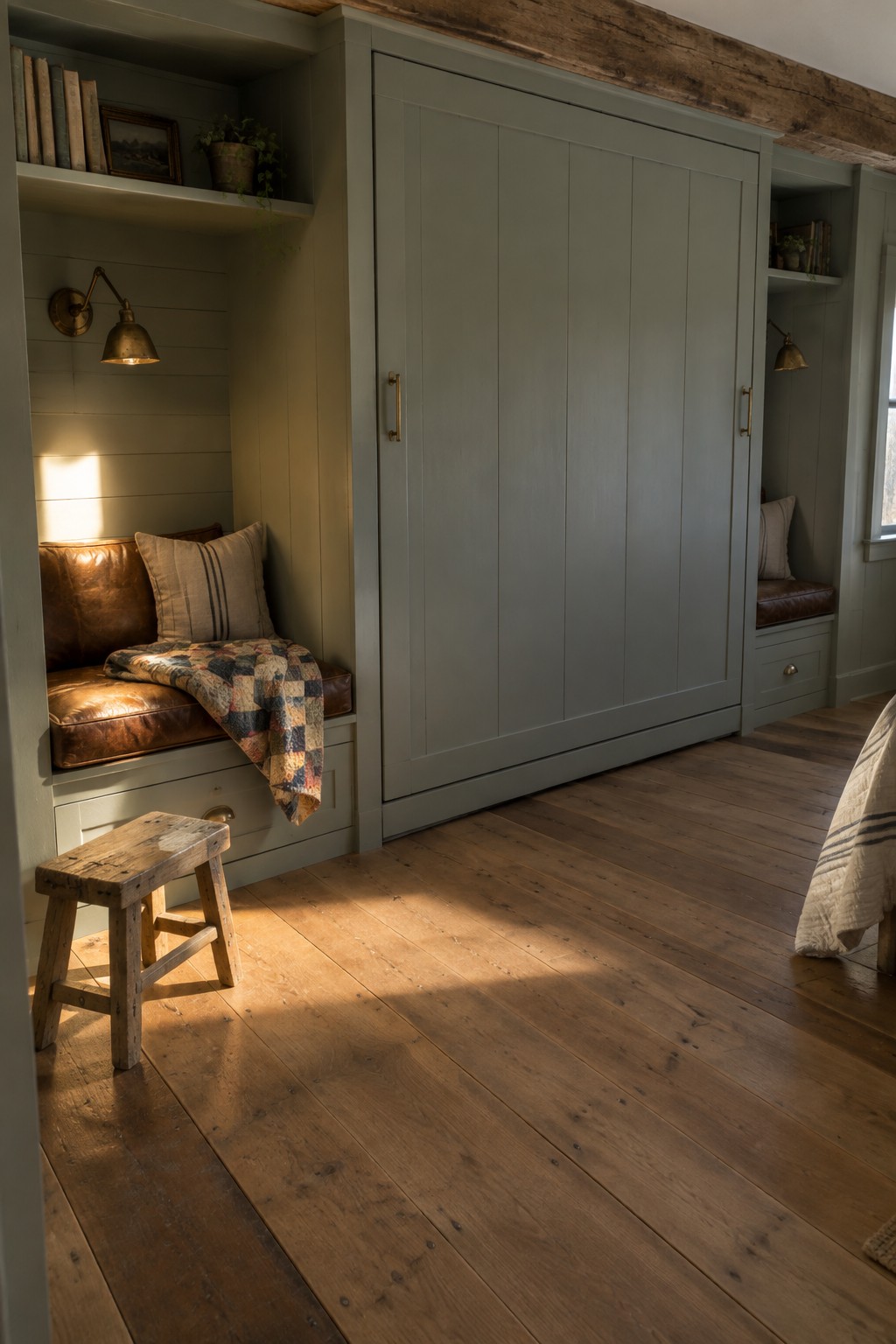 A bedroom interior with a large sage green cabinet centered between two built-in window seats with brown leather cushions, a wooden stool in front, and warm sunlight on the floor.