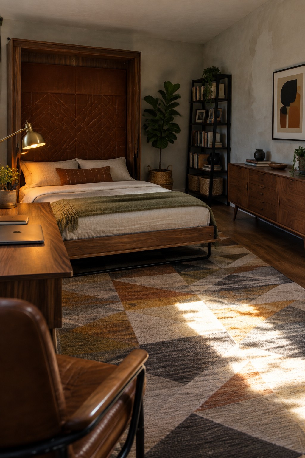 A bedroom interior showing a lowered Murphy bed in a dark wood alcove with white bedding, a wooden desk holding a laptop in the foreground, a brown leather chair, and a geometric patterned rug.