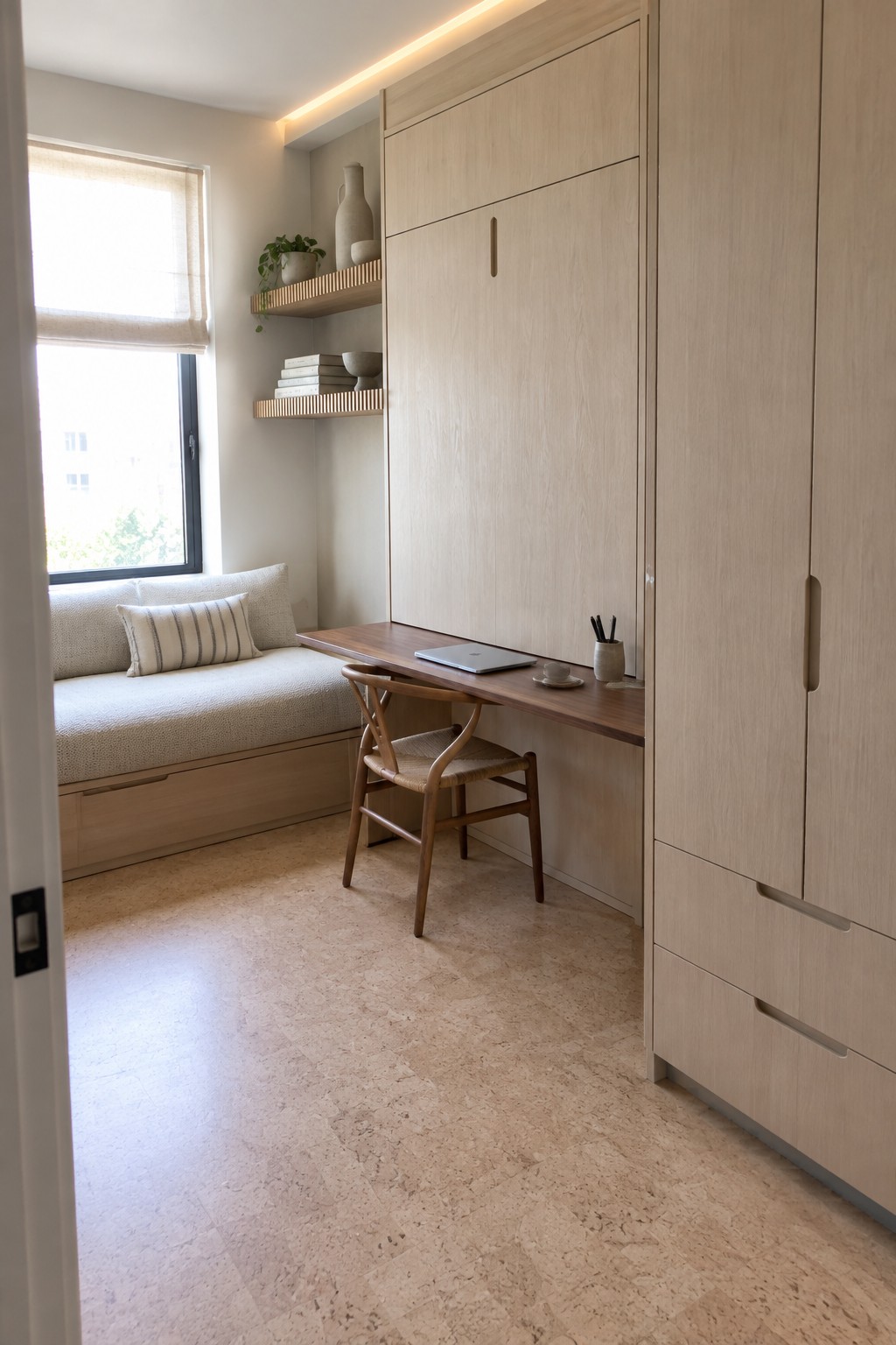 Light wood built-in cabinetry with a desk, chair, and closed doors along one wall of a bedroom, next to a daybed under a window.