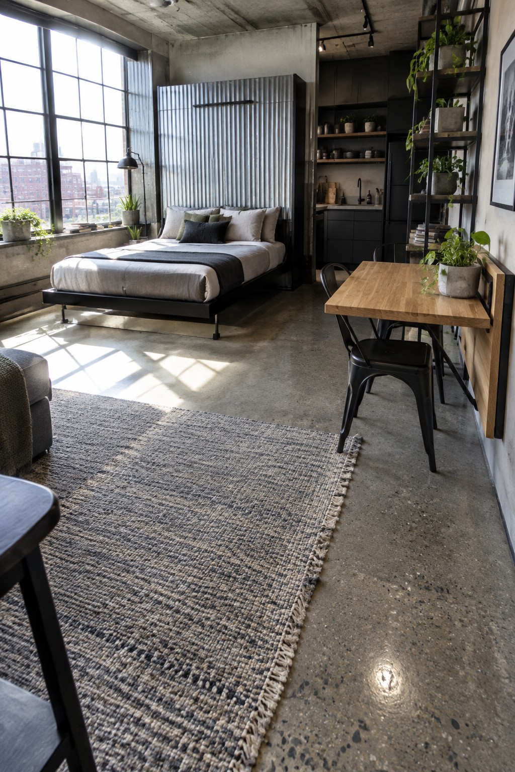 A bedroom area in an open loft with a bed against a corrugated metal wall, a dining table nearby, and large windows on the left.
