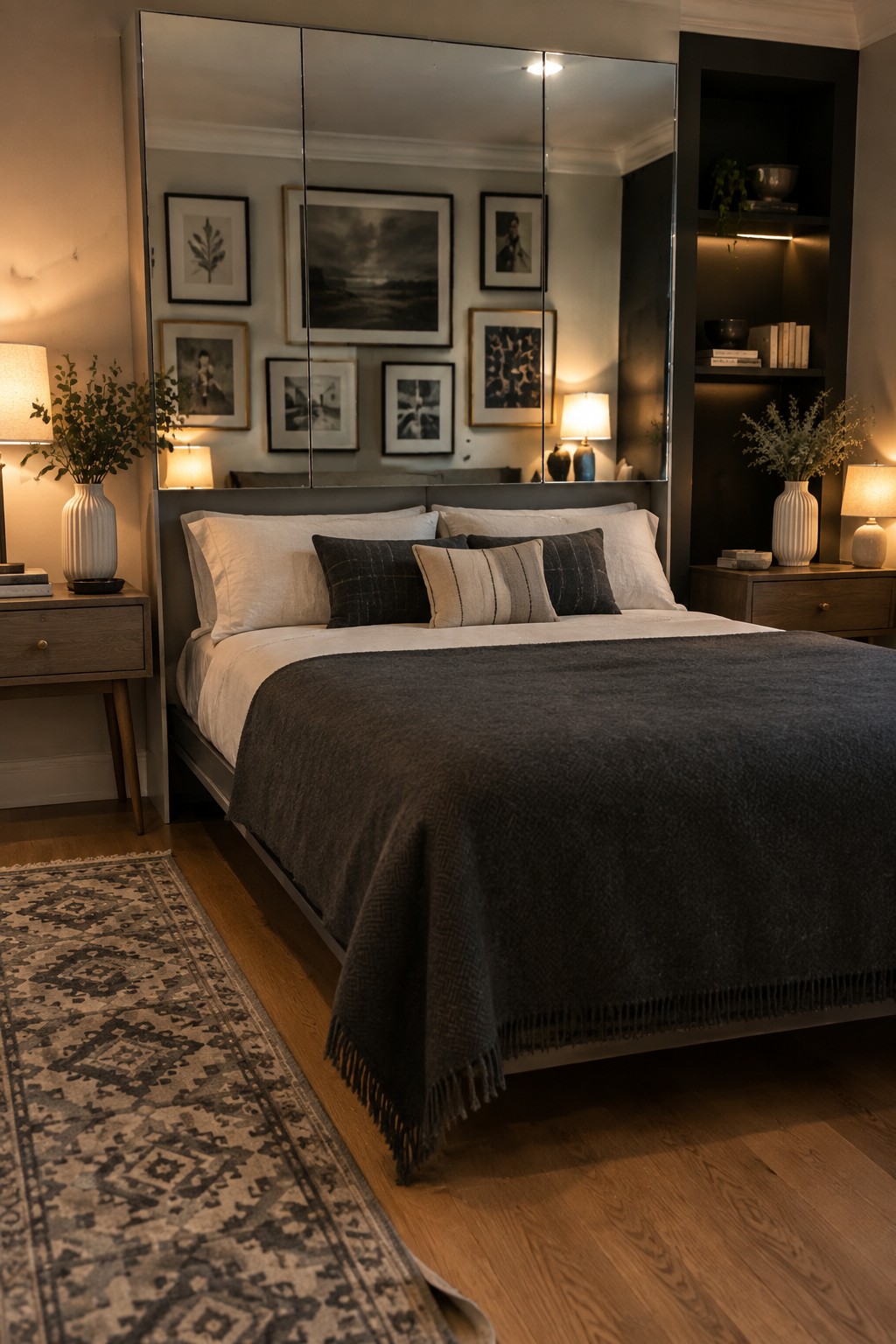A bedroom featuring a bed with white linens and a dark gray throw blanket positioned in front of a large three-panel mirrored wardrobe, with nightstands, lamps, and framed artwork visible on either side.