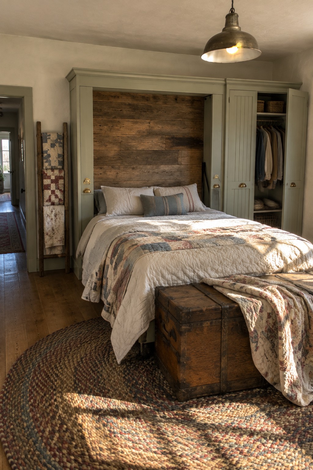 A bedroom with a bed against a wooden wall, flanked by light green built-in cabinets, one open to show hanging clothes and shelves.