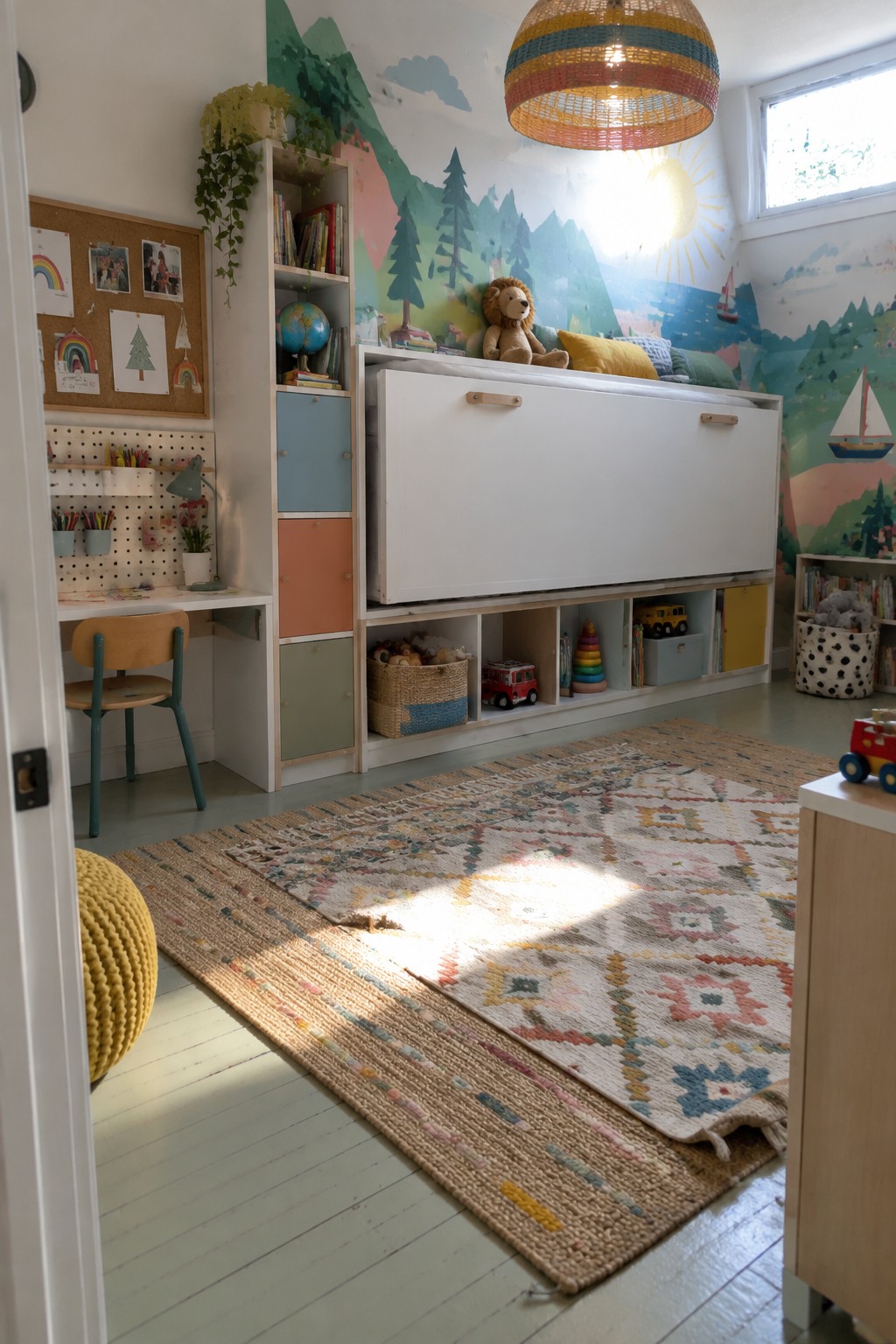 A child's bedroom with a white Murphy bed folded vertically into a storage unit featuring pastel blue, orange, green, and yellow cabinets, open shelves above, and a large patterned rug on the floor.