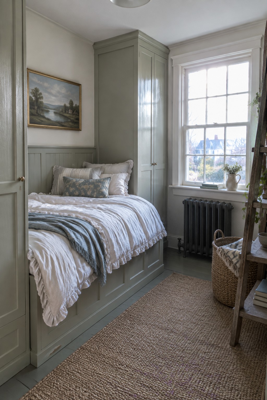 A small bedroom with a built-in Murphy bed in sage green cabinetry, white bedding with a blue throw, a large multi-pane window, and a woven rug on the floor.