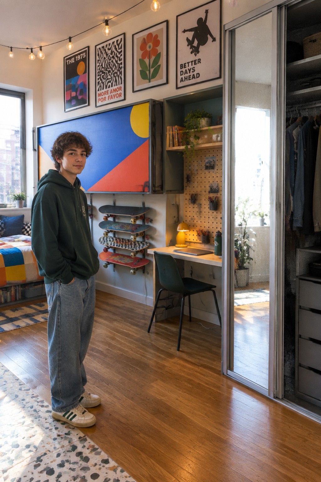 A young man stands in a bedroom with a large colorful geometric wall panel, wall-mounted skateboards, a desk and chair, and an open closet with hanging clothes.
