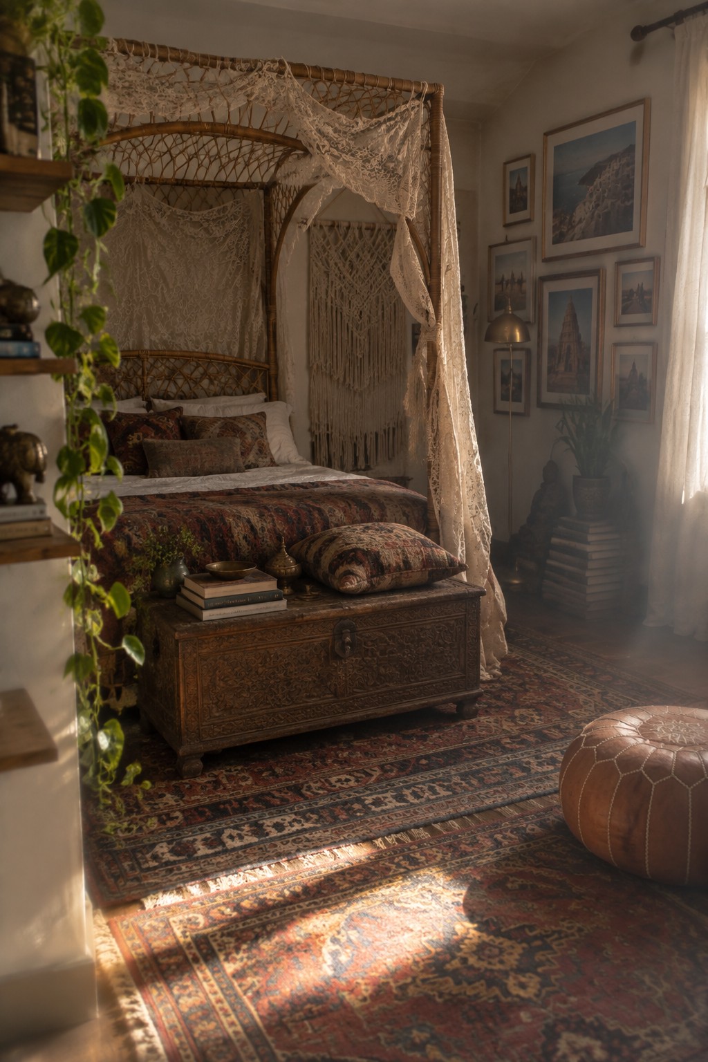 A bedroom featuring a four-poster bed with patterned bedding, a large carved wooden chest at the foot of the bed, layered rugs, and framed artwork on the walls.