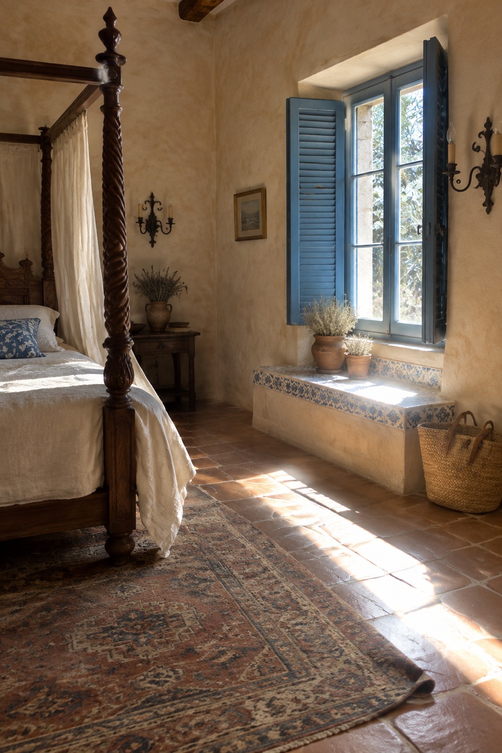 Rustic bedroom with wooden four-poster bed, blue shutters, and sunlit tiled floor