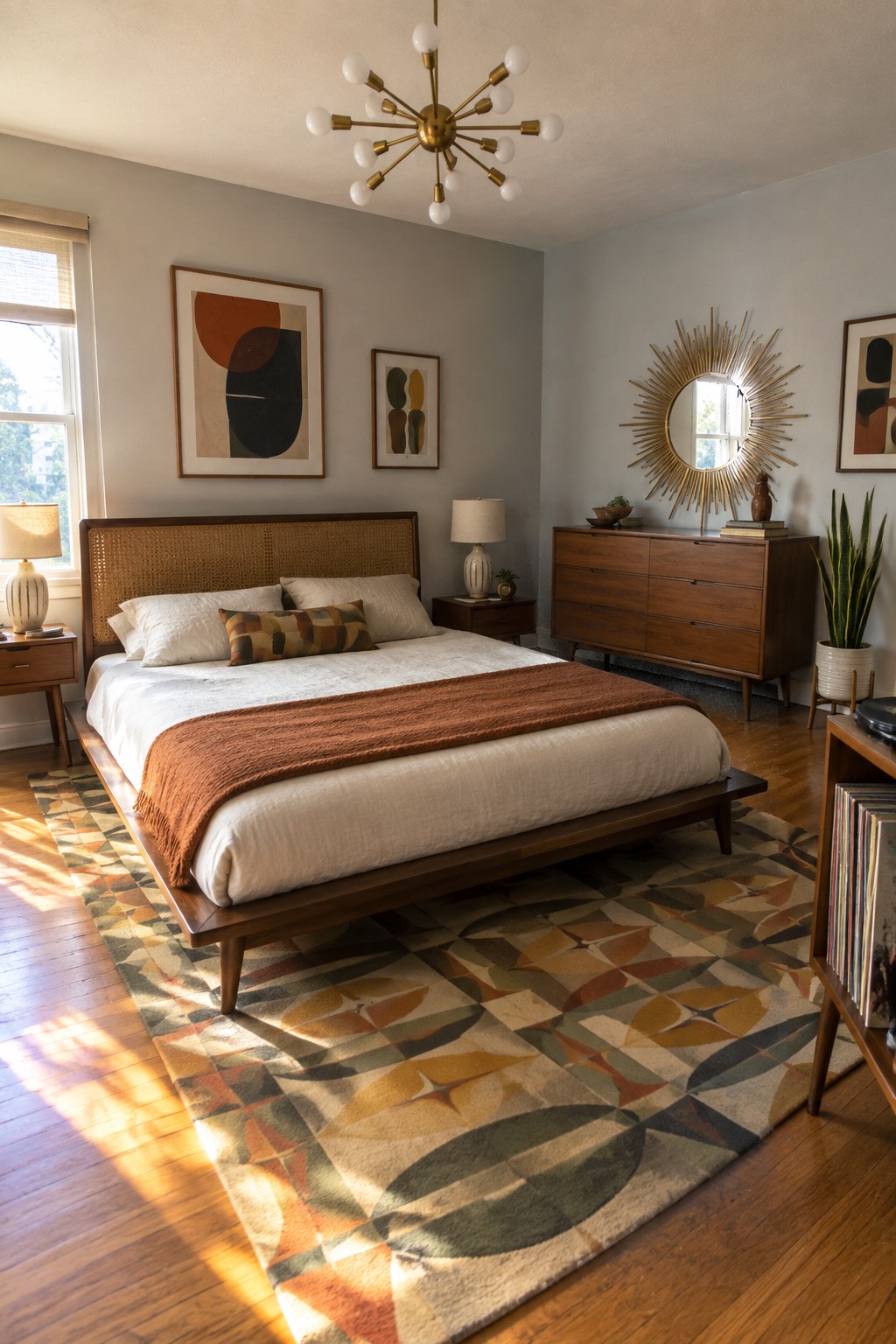 A bedroom featuring a wooden platform bed with a woven cane headboard, white linens, a rust-colored throw, a large geometric area rug, and mid-century wooden furniture.