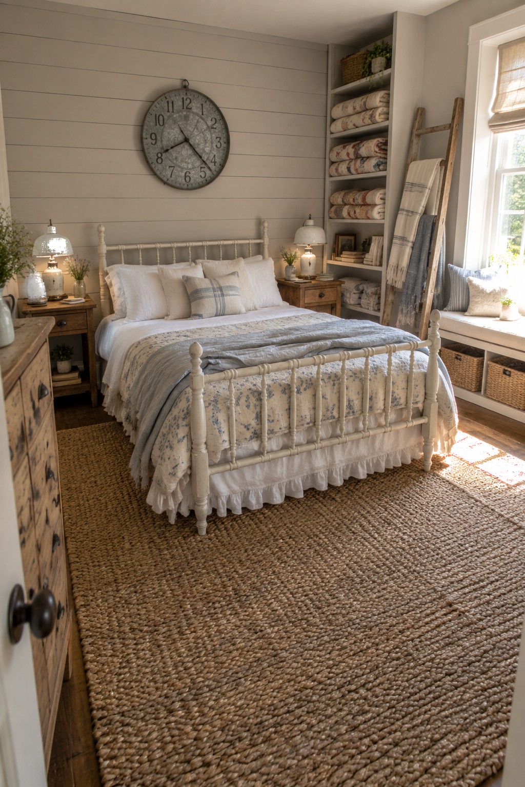 A bedroom featuring a white spindle bed with blue floral bedding, a large wall clock above it, built-in shelves with rolled linens, and a woven rug on the floor.