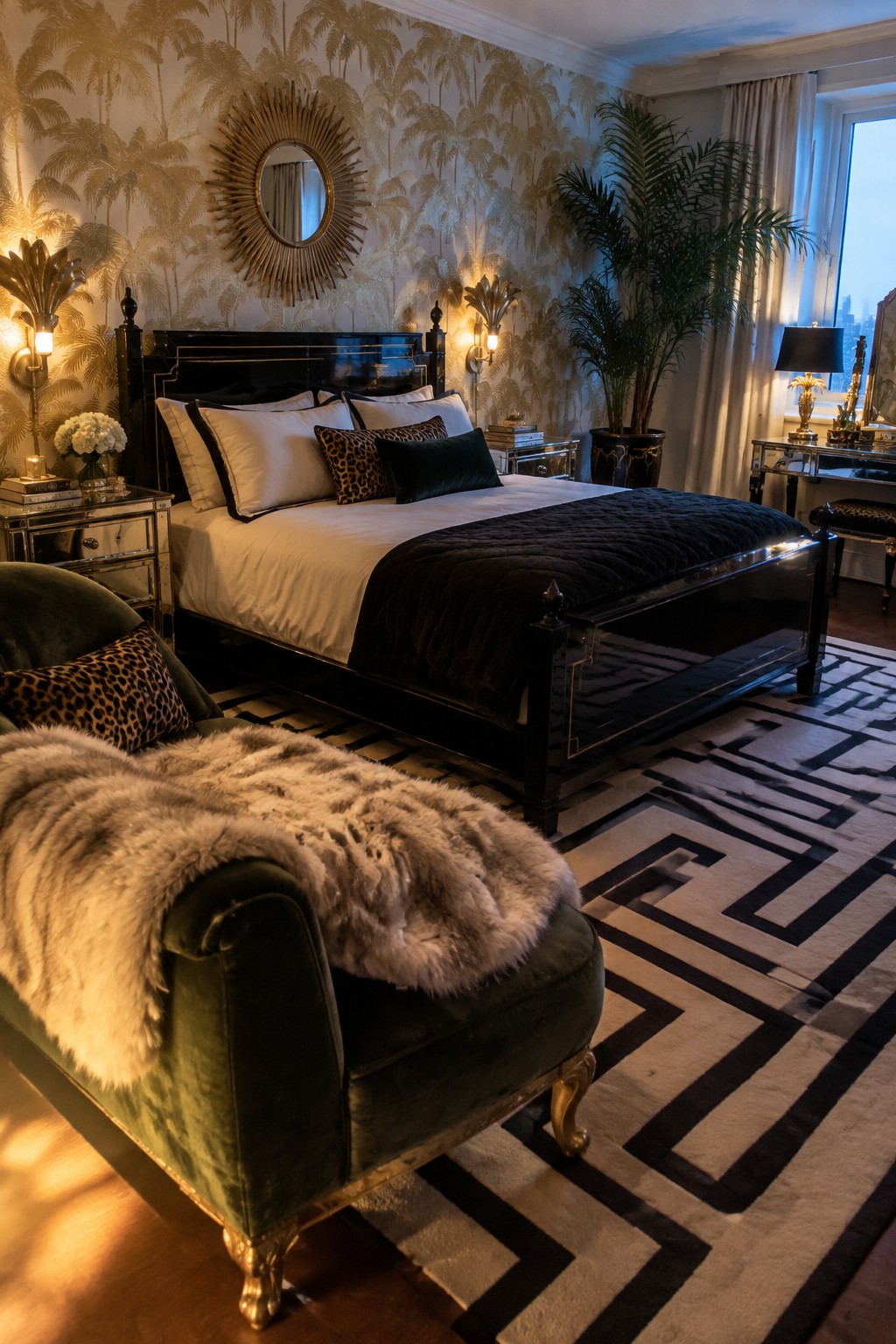 A bedroom with a large black lacquered bed frame, white bedding, leopard print pillows, a green velvet chaise with a fur throw, palm tree wallpaper, and mirrored nightstands.