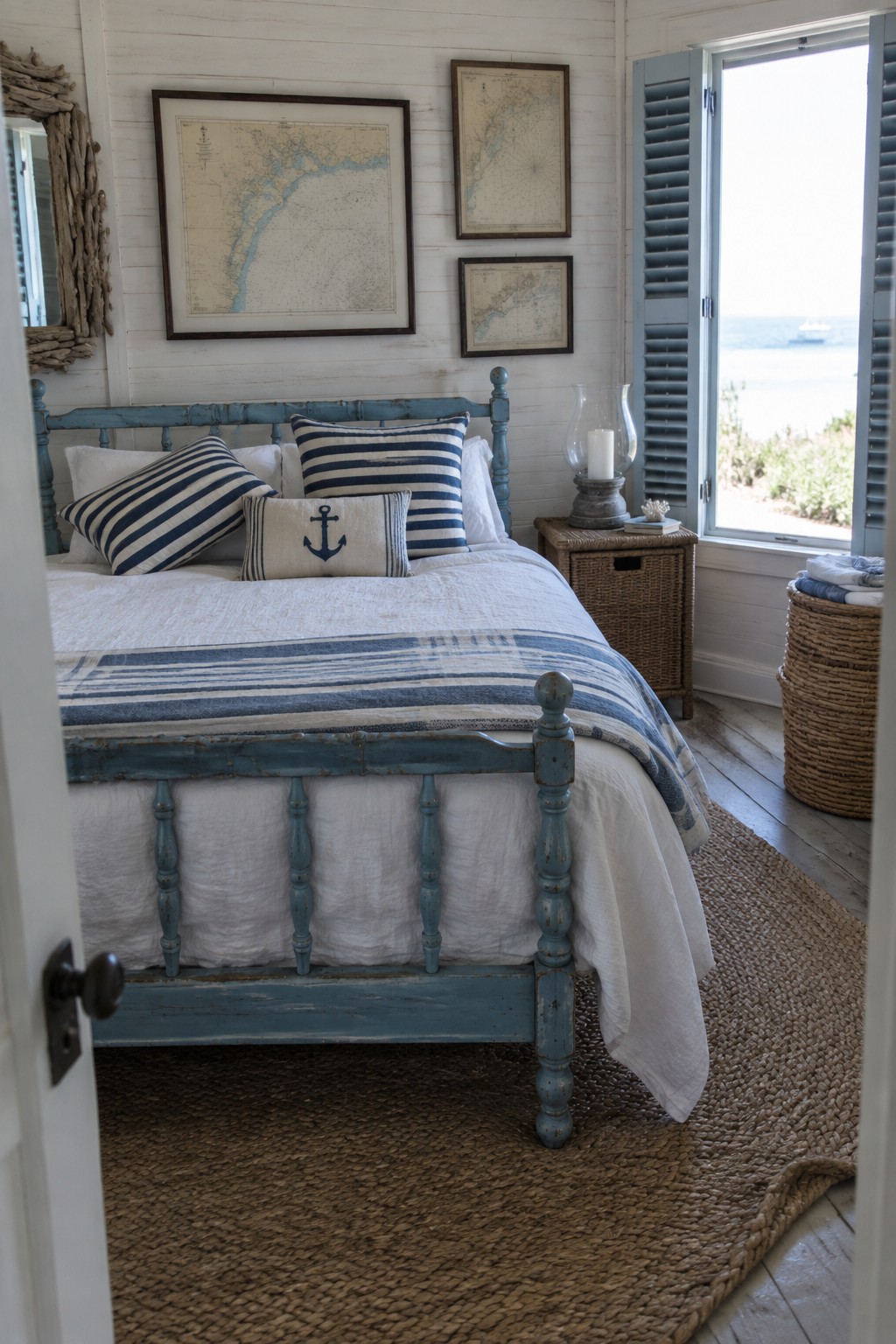 A bedroom with a blue distressed wooden bed frame, white linens, striped pillows, and nautical maps on a white wall.
