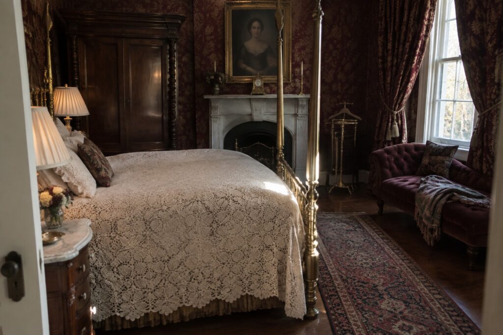 17 Vintage Bedroom Furniture Ideas Featuring Character-Rich Pieces A bedroom interior featuring a brass four-poster bed with a white lace coverlet, a dark wood armoire, a purple chaise lounge, red damask wallpaper, and a white fireplace mantel with a portrait above it.