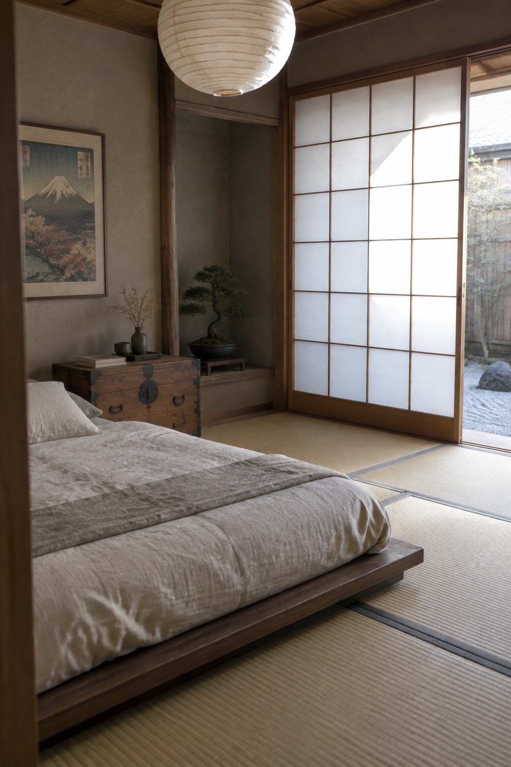 Japanese bedroom with low wooden bed, shoji screens, bonsai, and paper lantern.