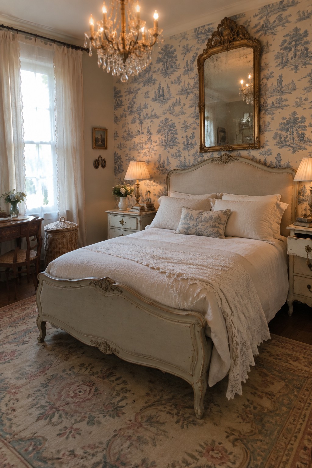 A bedroom with a white distressed ornate bed frame, white linens, blue toile wallpaper, a crystal chandelier, and two white nightstands.