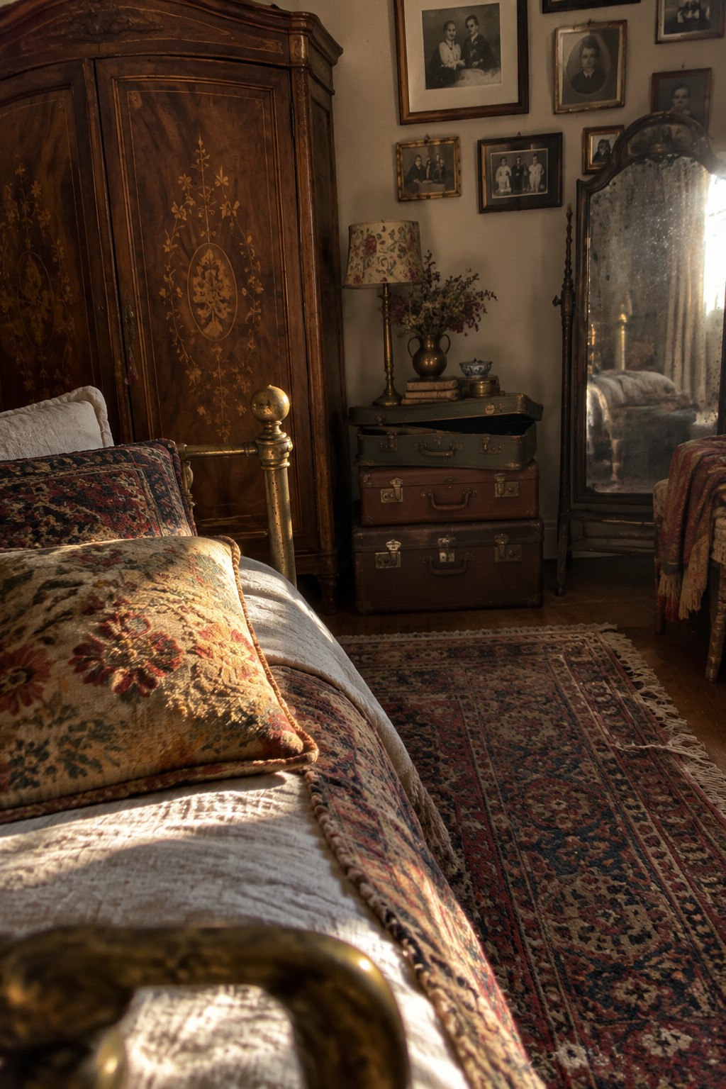 A vintage bedroom with a brass bed frame, large inlaid wooden armoire, and three stacked antique suitcases serving as a bedside table holding a lamp and flowers.