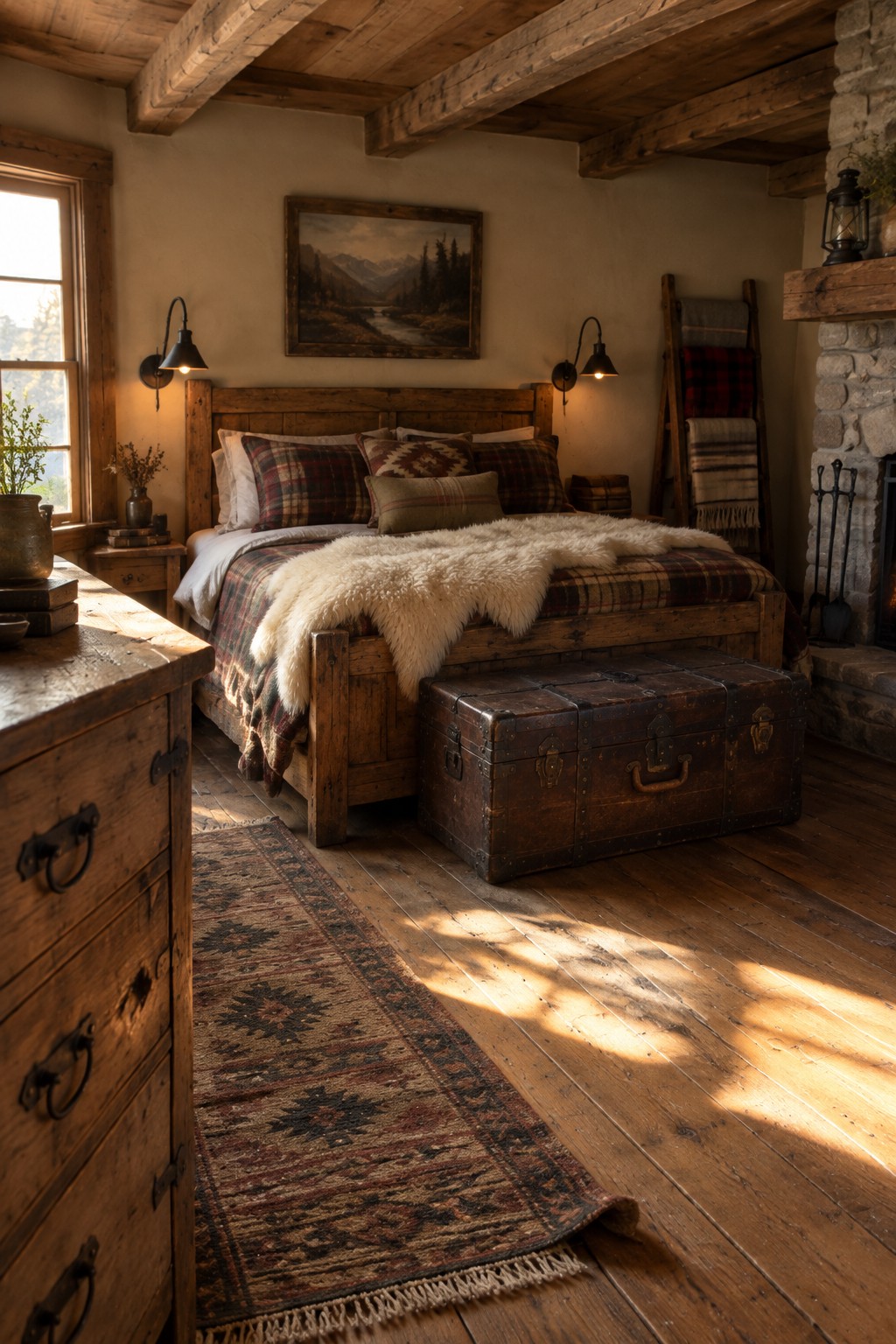 A rustic bedroom with a wooden bed dressed in plaid linens and a sheepskin throw, a large vintage trunk at the foot of the bed, and a patterned rug on the floor.