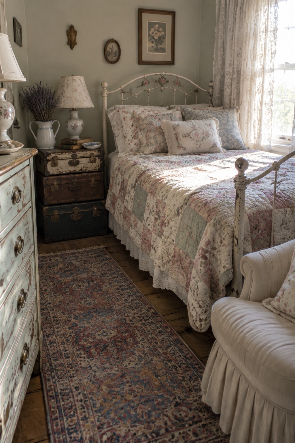 A vintage bedroom featuring a white metal bed with a patchwork quilt, floral pillows, and two stacked trunks used as a bedside table beside a distressed dresser.