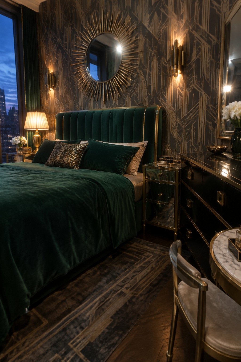 A bedroom with a large emerald green velvet bed, gold-trimmed headboard, sunburst mirror above it, and dark patterned wallpaper.