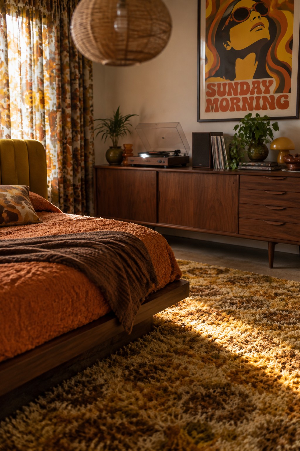 A bedroom with a long wooden credenza holding a record player, positioned next to a bed with orange bedding and a shag rug on the floor.