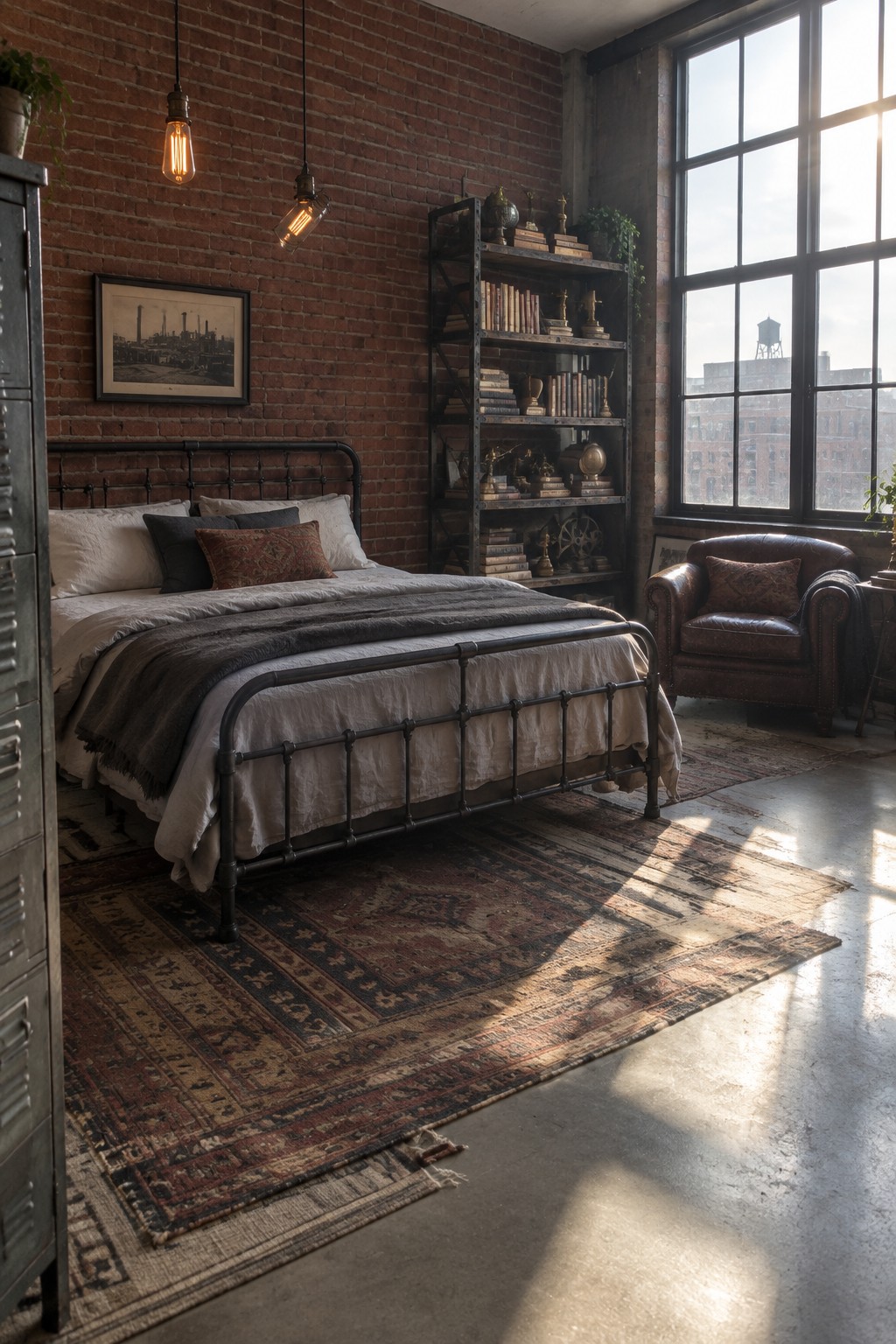 A bedroom featuring a black metal bed frame with white and gray bedding, a large patterned rug on a concrete floor, an exposed brick wall, a tall metal bookshelf, and a brown leather armchair near a large window.