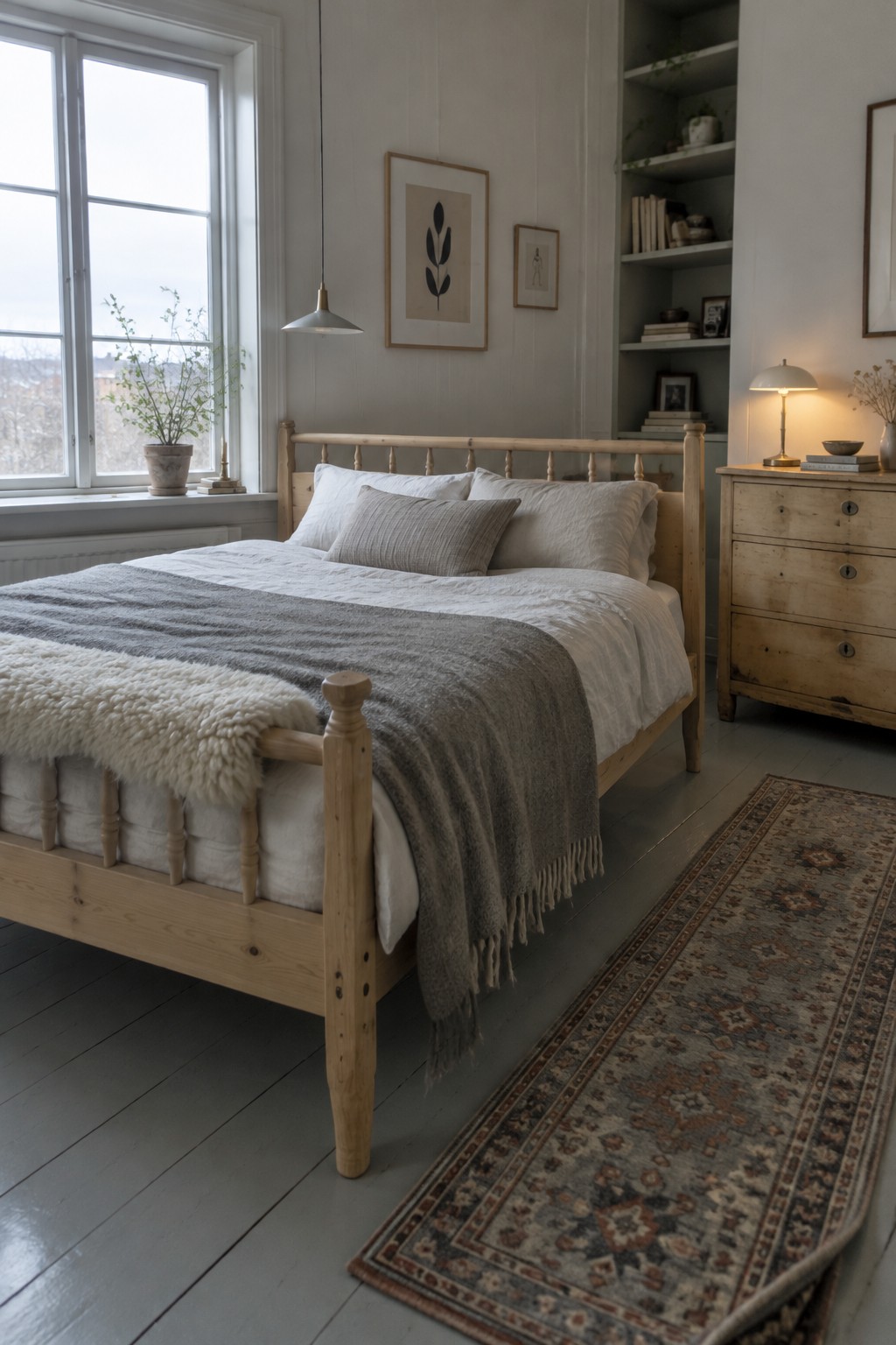 A bedroom with a light wood spindle bed made up in white and gray linens, a fluffy throw at the foot, built-in shelves on the right wall, and a patterned rug on the floor.