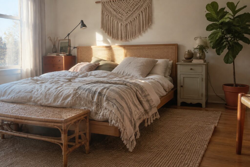 Sunlit bohemian bedroom with cane headboard bed, macrame hanging, jute rug, and plants