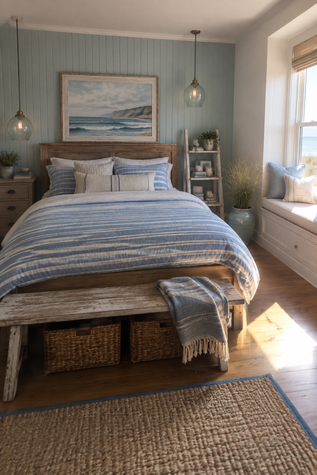 Coastal bedroom with wooden bed, blue striped bedding, ocean painting, and sea view window.