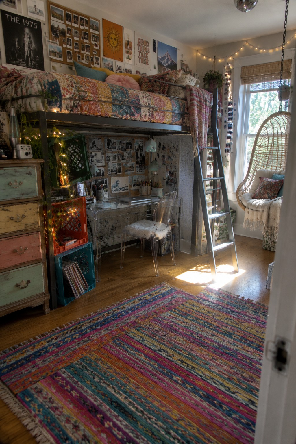 Cozy bohemian loft bedroom with colorful patchwork bed, striped rug, and hanging chair.